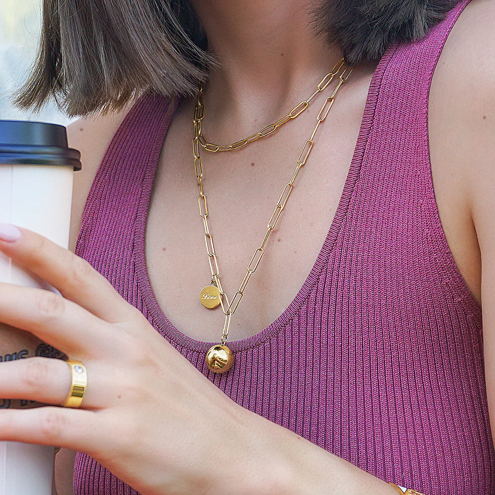 14k Gold Love Paperclip Ball Pendant Necklace